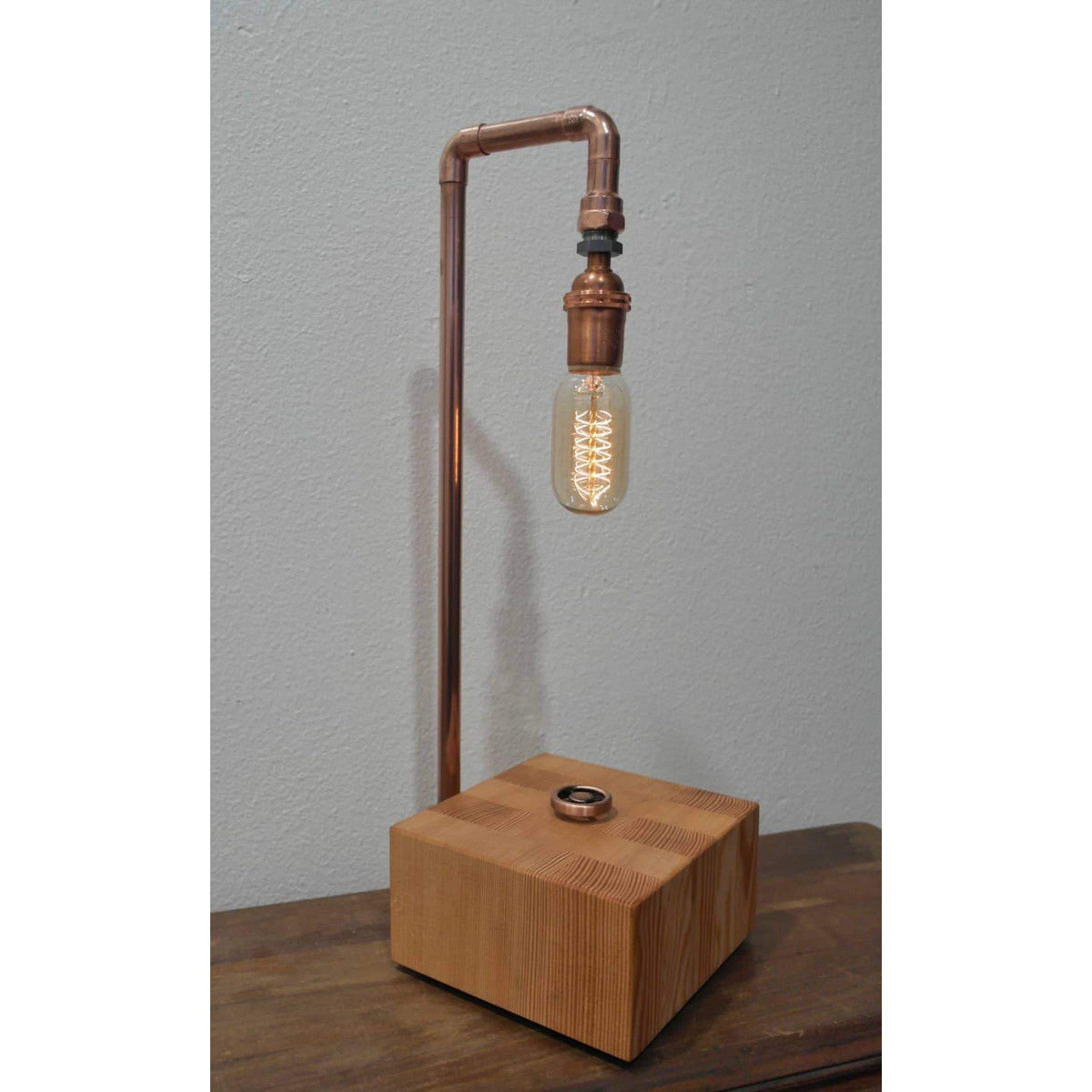 Vintage Copper and Steel Water Pipe Lamp with VG Fir base. Todd Alan Woodcraft