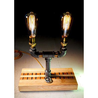 Dual Steel & Brass Edison Lamp with Dimmer in custom French Oak base - Todd Alan Woodcraft