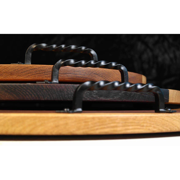 Round French Roasted Oak Charcuterie Board With Wrought Iron Handles - Todd Alan Woodcraft
