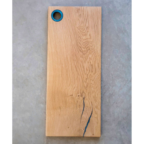 Oak Serving Board with Blue Epoxy Ring Handle - Todd Alan Woodcraft