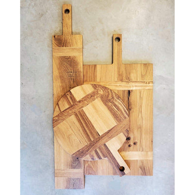 Round French Roasted Oak Charcuterie Board With Wrought Iron Handles