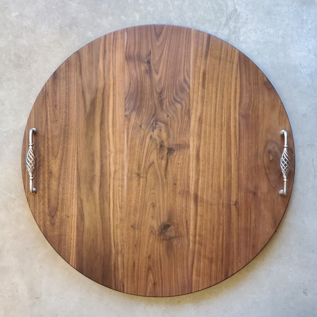 Walnut Tray Round Walnut Serving Tray with Birdcage Handles | Todd Alan Woodcraft